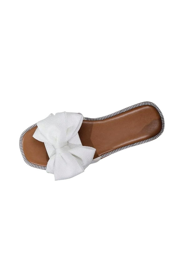Women's Flat Sandals Summer Casual Bow Knot Square Toe Slippers for Beach Walking Slides Outdoor Open Toe Slip On White 7