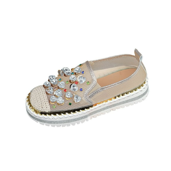 LOVZFMLL Women's Flat Shoes Fashion Rhinestone Slip On Sneakers Casual Comfort Chunky Walking Shoes Glitter Bling Loafers Beige 5