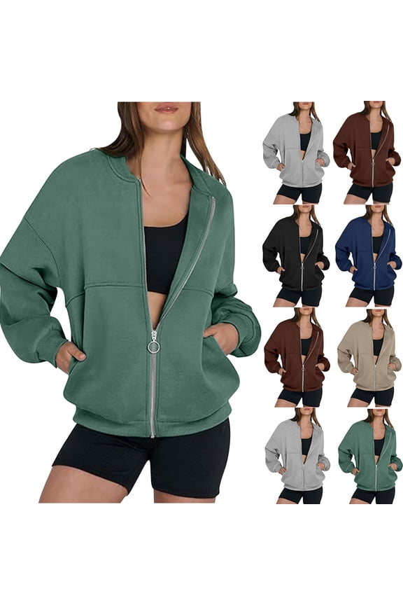 Women's Jacket Essentials Full Zip Up Casual Sweatshirt Loose Fit Long Sleeve Pullover for Fall with Pockets