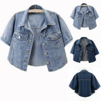 LOVZFMLL Women's Jean Jackets Short Sleeve Cropped Trucker Jackets Button Down Denim Coat Casual Summer Outerwear Tops