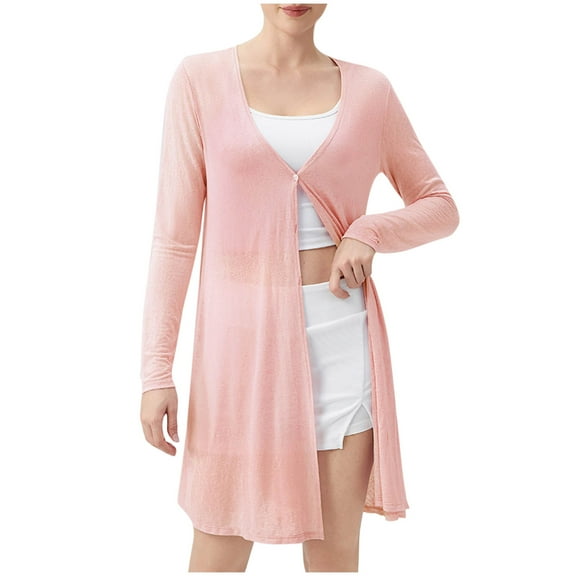 LOVZFMLL Women's Long Cardigan Open Front Lightweight Sheer Shrug Long Sleeve Button Down Breathble Cover-Up for Summer Beach