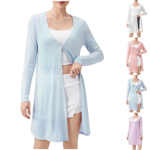 LOVZFMLL Women's Long Cardigan Open Front Lightweight Sheer Shrug Long Sleeve Button Down Breathble Cover-Up for Summer Beach