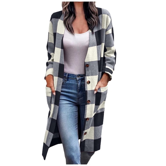 LOVZFMLL Women's Long Cardigan Plaid Flannel Sweater Open Front Button Down Fall Casual Tops Relaxed Fit with Pockets