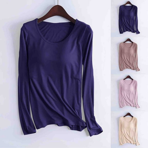 LOVZFMLL Women's Pajama Tops with Built in Bra Basic T-Shirt Ultra Soft Comfy Long Sleeve Casual Sleep Lounge Tees Pullover Shirts