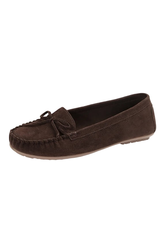 Women's Penny Loafers Leather Classic Casual Slip On Comfort Flat Shoes Round Toe Bow Cozy Walking Dress Shoes Brown 7.5