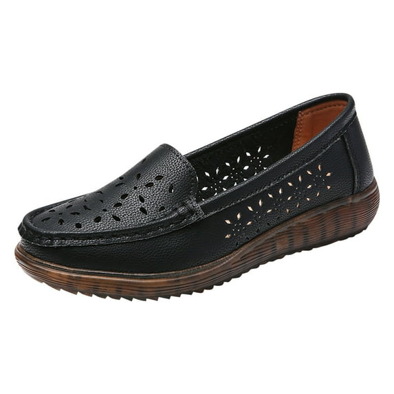 LOVZFMLL Women's Penny Loafers Non-Slip Cutout Breathable Walking Sneakers Slip On Leather Hollow Dress Flat Shoes Black 6