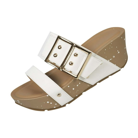 LOVZFMLL Women's Chunky Sandals Fashion Buckle Two Straps Cork Clogs Slip On Comfort Walking Slides Summer Casual Beach Vacation Dress Shoes White 6