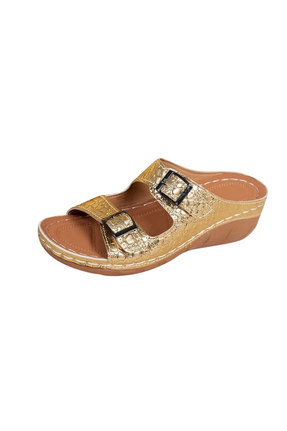 Women's Chunky Wedge Sandals Adjustable Metal Buckle Two Band Comfort Slides Slip On Open Toe Summer Beach Casual Slippers Gold 5.5