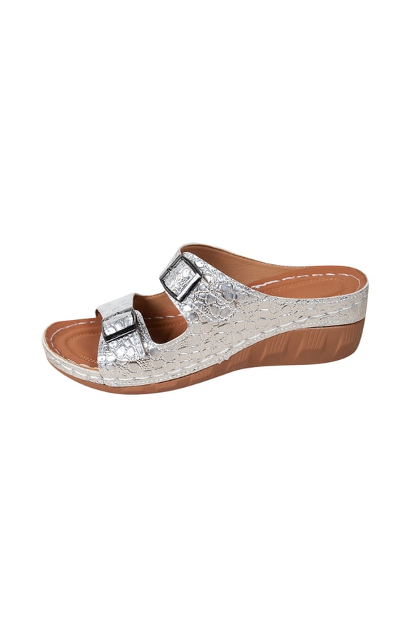 Women's Platform Wedge Sandals Adjustable Metal Buckle Two Band Comfort Slides Slip On Open Toe Summer Beach Casual Slippers Silver 5.5