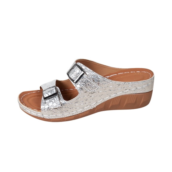 LOVZFMLL Women's Chunky Wedge Sandals Adjustable Metal Buckle Two Band Comfort Slides Slip On Open Toe Summer Beach Casual Slippers Silver 9