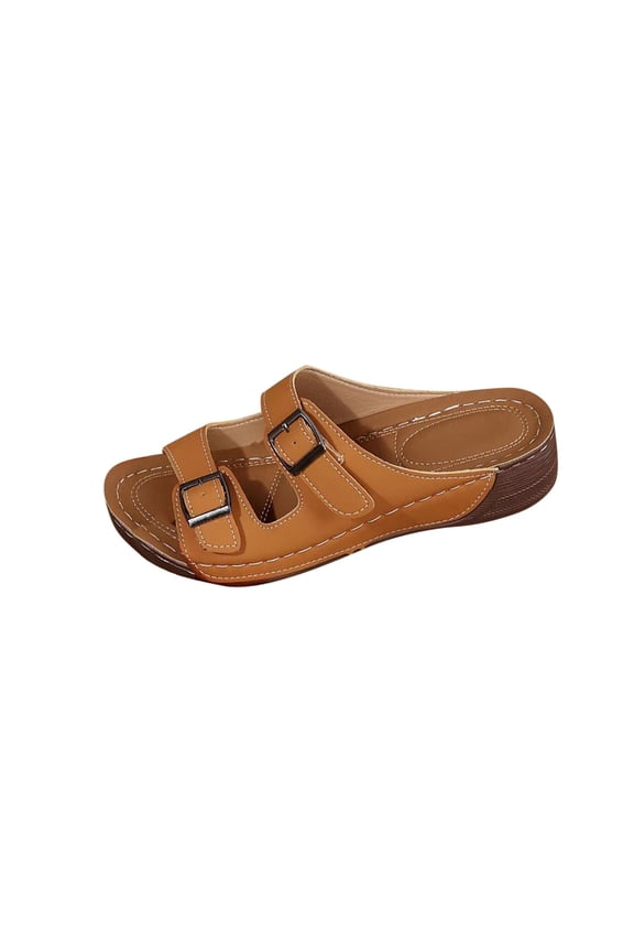 Women's Platform Wedge Sandals Summer Casual Open Toe Slip On Two Band Beach Slides with Adjustable Metal Buckle Brown 5.5