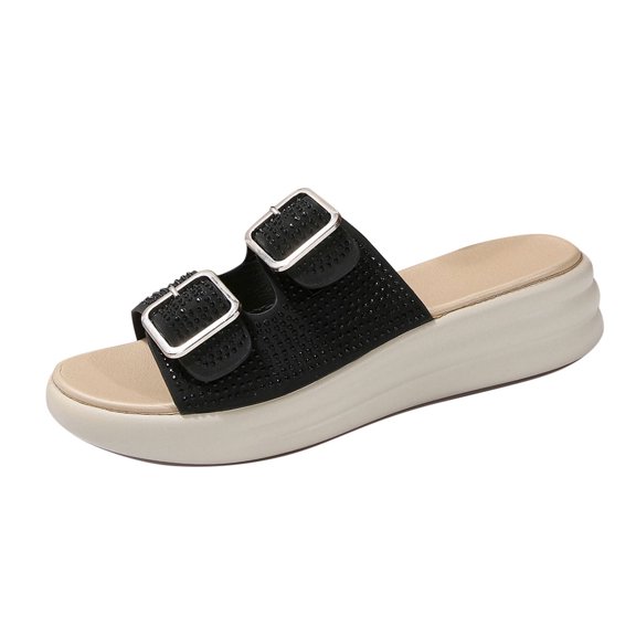 LOVZFMLL Women's Platform Wedge Sandals Two Straps Buckle Rhinestone Glitter Fashion Casual Slides Sandals for Summer Outdoor Walking Travel Sandals Black 5.5