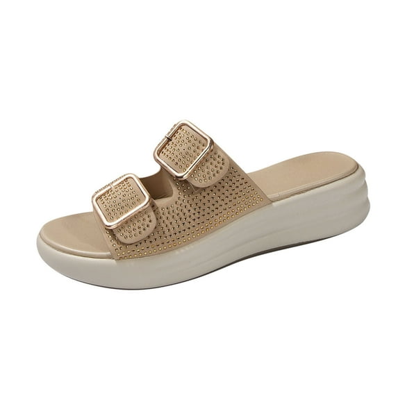 LOVZFMLL Women's Chunky Wedge Sandals Two Straps Buckle Rhinestone Glitter Fashion Casual Slides Sandals for Summer Outdoor Walking Travel Sandals Khaki 5.5