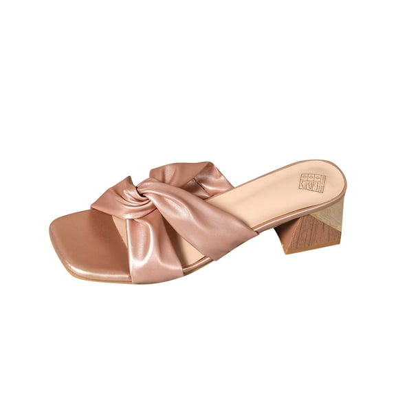 LOVZFMLL Women's Sandals Chunky Heeled Bow Knot Square Toe Summer Dressy Party Shoes Slip On Casual Vocation Beach Slides Rose Gold 5