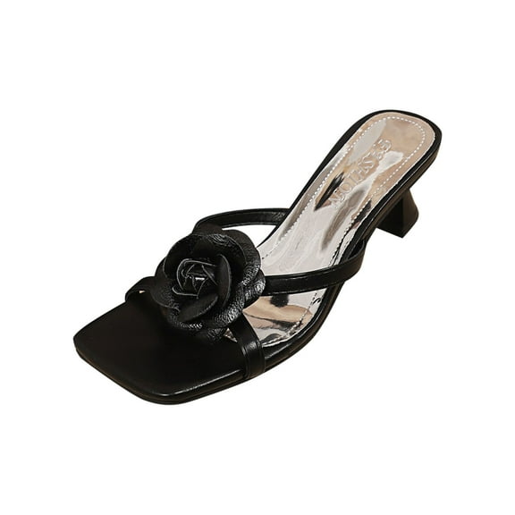 LOVZFMLL Women's Sandals Summer Slip On Dressy Strappy Floral Slides Low Medium Heel Thin Sole Open Toe Beach Sandals Black 7