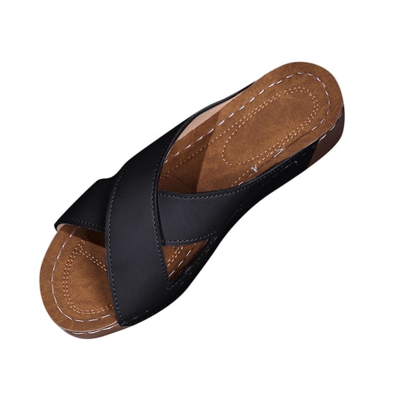 LOVZFMLL Women's Sandals Wedge Shoes Dressy Summer Casual Low Chunky Slides Cross Strap Comfortable Walking Beach Sandals Black 5.5