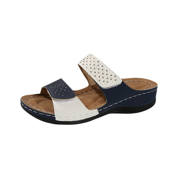 LOVZFMLL Women's Sandals with Arch Support Two Band Open Toe Slip On Comfort Walking Slides Summer Casual Outdoor Footwear Blue 7