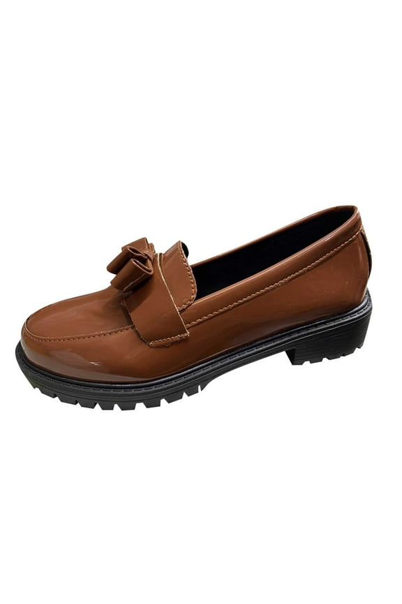 Women's Shoes Trendy Classic Patent Leather Comfort Casual Closed Round Toe Slip On Bow-Knot Dress Loafers Brown 8