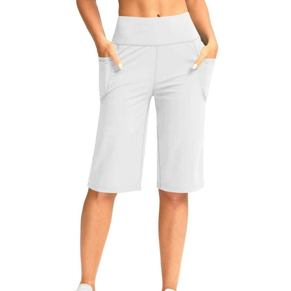 LOVZFMLL Women's Shorts Stretch Loose Comfy with Pockets Knee Length High Waisted Straight Leg for Casual Walking Exercise White M