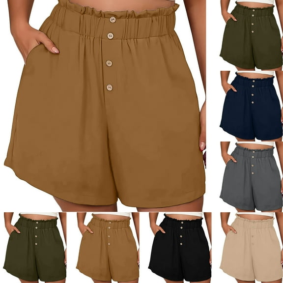 LOVZFMLL Women's Shorts for Casual Loose Fit Summer Beach Shorts Wide Leg Elastic Waist with Pockets 2025 Trendy Clothes Khaki S