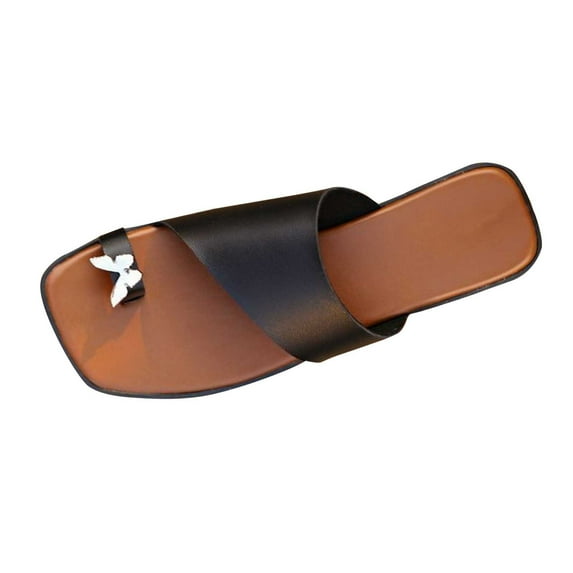 LOVZFMLL Women's Slide Sandals Ring Toe Flat Sandals Slip On Square Open Toe Flip Flop Thongs Casual Summer Beach Slippers Black 7.5