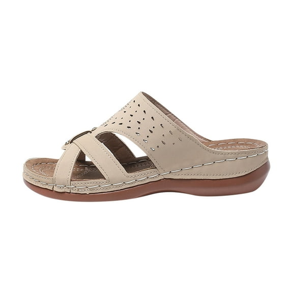LOVZFMLL Women's Slide Sandals with Arch Support Summer Casual Comfortable Open Toe Slides Crisscross Straps Slip On Hollow Wedges Beige 5.5