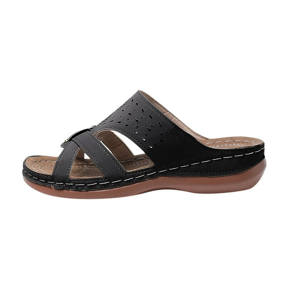 LOVZFMLL Women's Slide Sandals with Arch Support Summer Casual Comfortable Open Toe Slides Crisscross Straps Slip On Hollow Wedges Black 5.5
