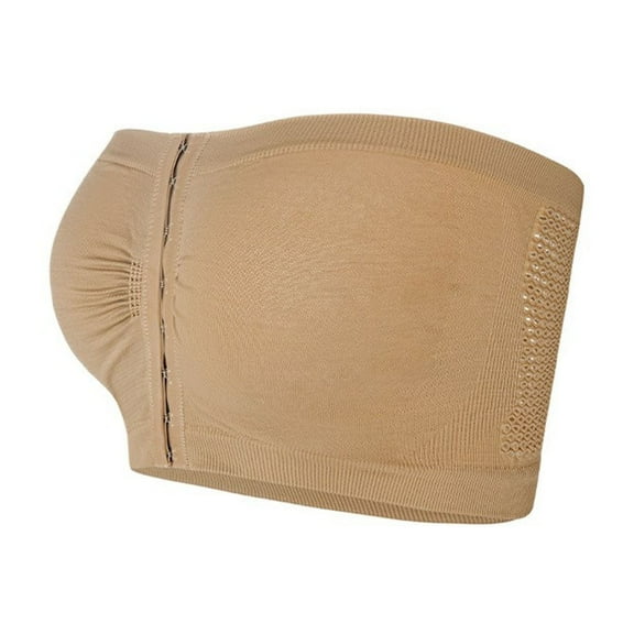 LOVZFMLL Women's Sports Bras Front Closure Ruched Strapless Bandeau Bra Post Surgery Compression Bra Padded Bralette with Support Tube Top Bras Beige M