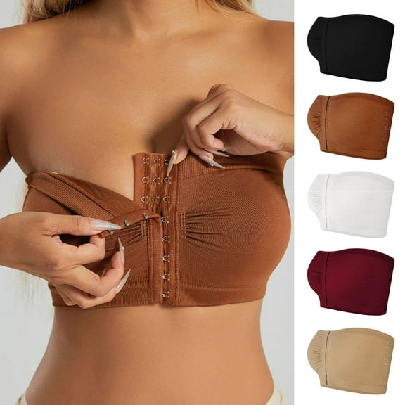 LOVZFMLL Women's Sports Bras Front Closure Ruched Strapless Bandeau Bra Post Surgery Compression Bra Padded Bralette with Support Tube Top Bras Black 4XL