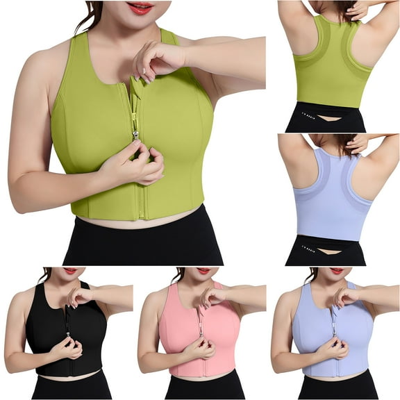 LOVZFMLL Women's Sports Bras for Large Bust Push Up Racerback Zip Front Workout Yoga Crop Tank Top Support Bra for Gym Running Fitness Black XL