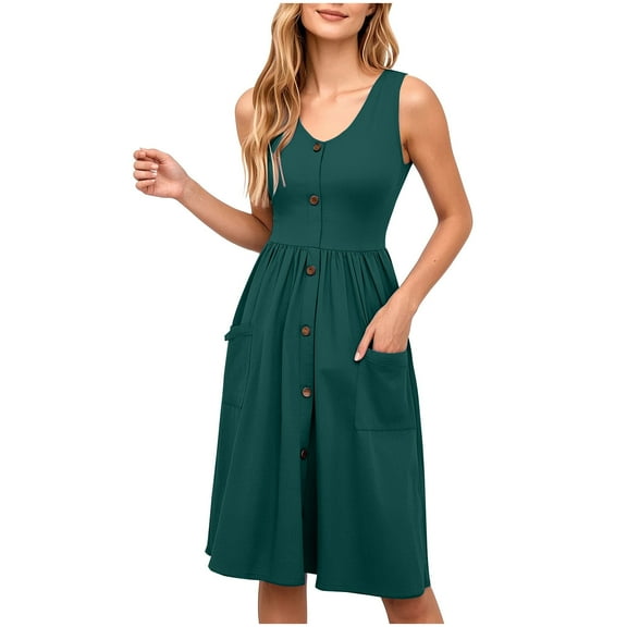 LOVZFMLL Women's Summer Dresses Sleeveless Casual Loose Swing Button Down Midi Sundress with Pockets Beach Travel Outfits Green B S