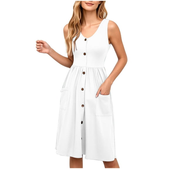 LOVZFMLL Women's Summer Dresses Sleeveless Casual Loose Swing Button Down Midi Sundress with Pockets Beach Travel Outfits White B S