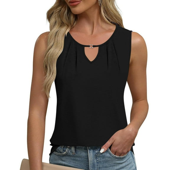 LOVZFMLL Women's Summer Tops 2025 Casual Crew Neck Sleeveless Shirts Trendy Pleated Fashion Loose Fit Blouses Tank Tops Black XXL