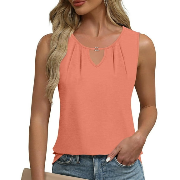 LOVZFMLL Women's Summer Tops 2025 Casual Crew Neck Sleeveless Shirts Trendy Pleated Fashion Loose Fit Blouses Tank Tops Orange S
