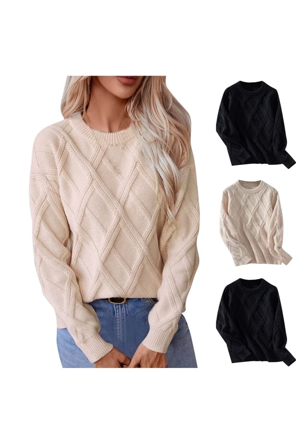 Women's Sweaters, Acrylic Crew Neck Cable Knit Pullover Solid Color Basic Casual Loose Long Sleeve Tops Warm Fall Winter Clothes