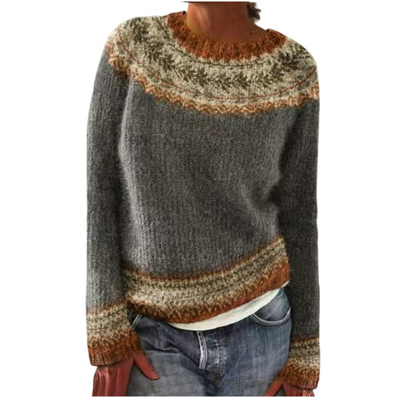 LOVZFMLL Women's Sweaters Acrylic Crew Neck Fair Isle Pullover Vintage Casual Basic Loose Long Sleeve Tops Warm Fall Winter Clothes