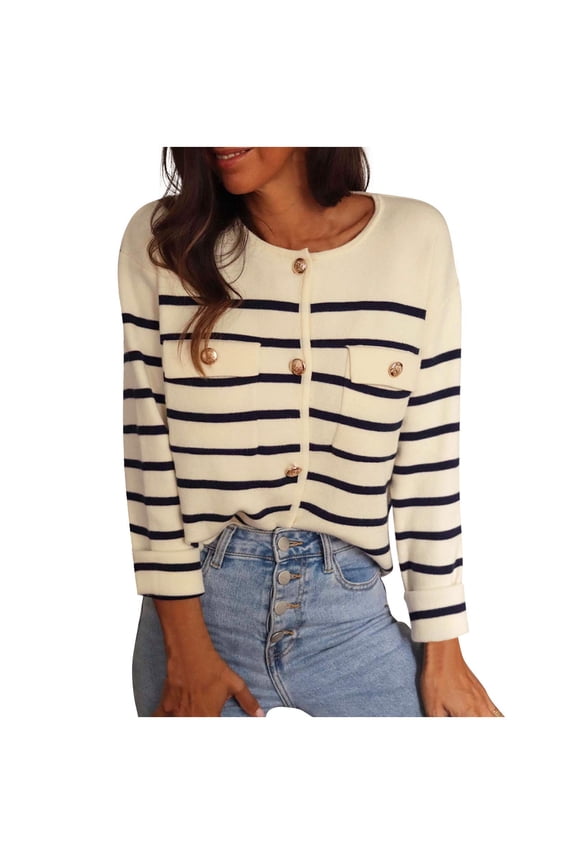 Women's Sweaters, Acrylic Crew Neck Ribbed Cardigan Sweaters Striped Casual Fashion Loose Long Sleeve Tops Warm Fall Winter Clothes