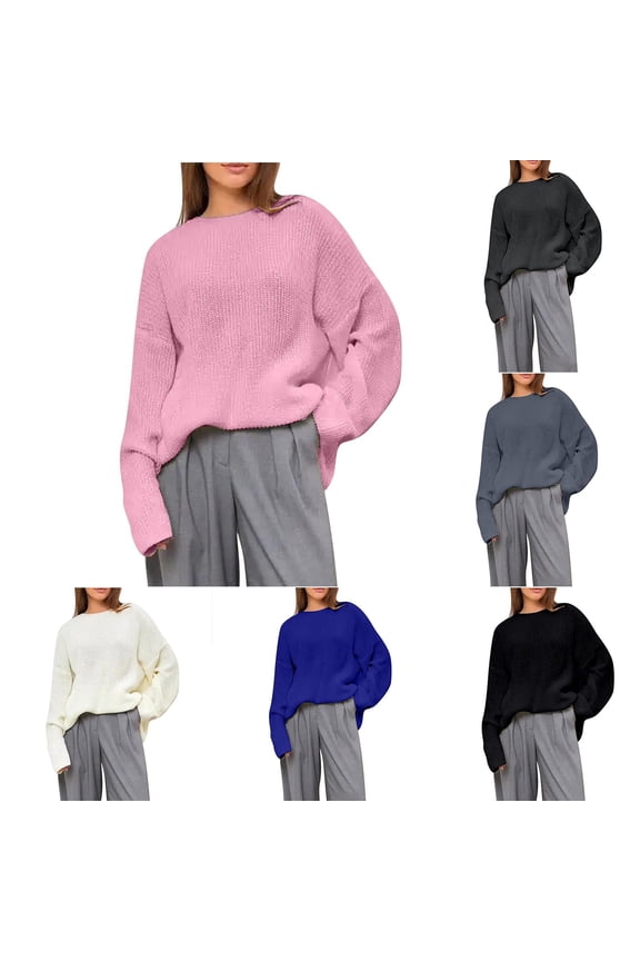 Women's Sweaters Acrylic Crew Neck Ribbed Pullover Solid Color Basic Casual Soft Loose Long Sleeve Tops Warm Fall Winter Clothes