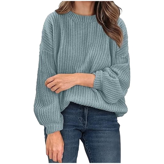 LOVZFMLL Women's Sweaters Acrylic Crew Neck Ribbed Pullover Solid Color Casual Basic Cozy Loose Long Sleeve Tops Warm Fall Winter Clothes