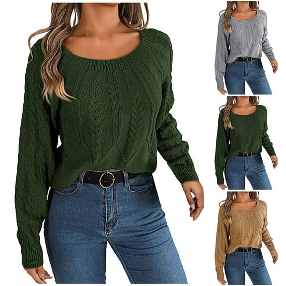 LOVZFMLL Women's Sweaters Acrylic Crew Neck Ribbed Pullover Solid Color Casual Fashion Elegant Loose Tops Warm Fall Winter Clothes