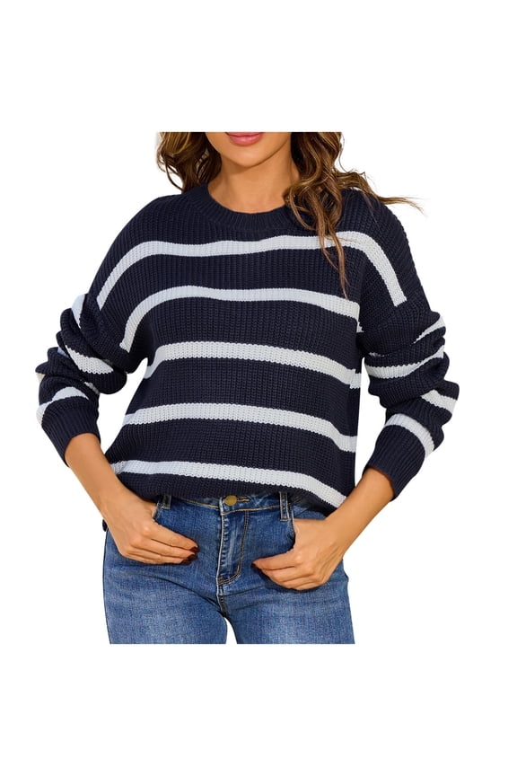 Women's Sweaters Acrylic Crew Neck Ribbed Pullover Striped Casual Basic Fashion Loose Long Sleeve Tops Warm Fall Winter Clothes