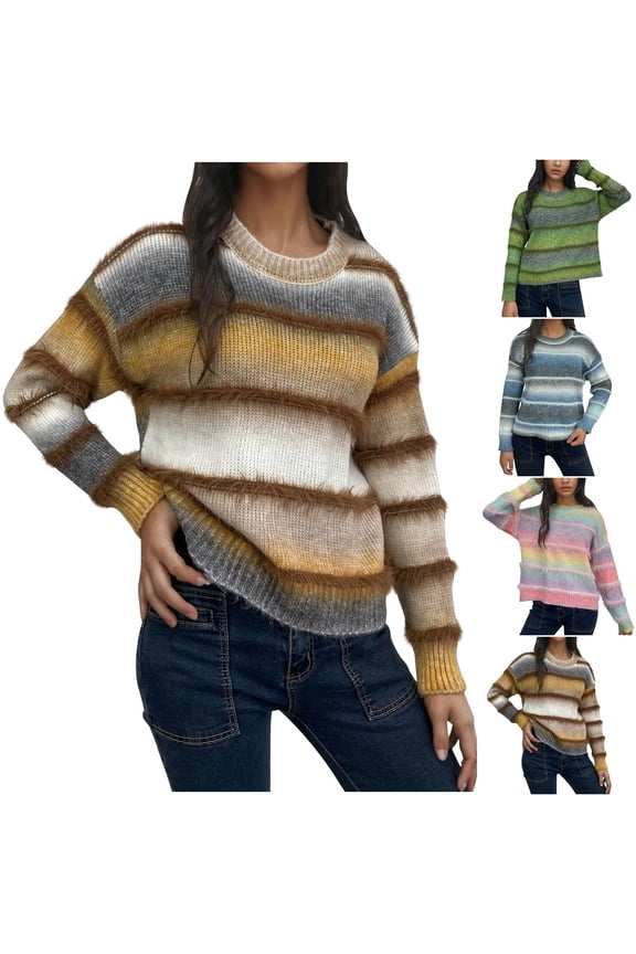 Women's Sweaters, Acrylic Crew Neck Ribbed Pullover Striped Casual Fashion Basic Relaxed Fit Tops Warm Fall Winter Clothes