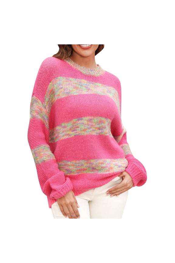 Women's Sweaters, Acrylic Crew Neck Ribbed Pullover Striped Color Block Fashion Casual Loose Tops Warm Fall Winter Clothes