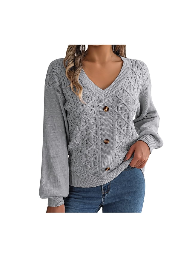 Women's Sweaters Acrylic V-Neck Cable Knit Pullover Solid Color Casual Fashion Button Loose Tops Warm Fall Winter Clothes