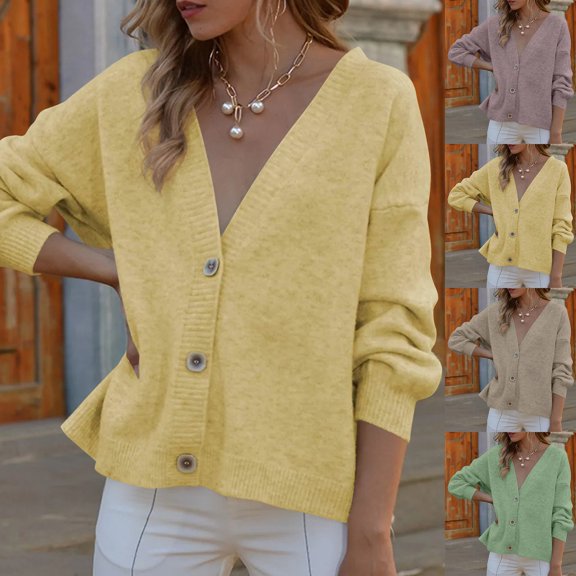 LOVZFMLL Women's Sweaters Acrylic V-Neck Ribbed Cardigan Sweaters Solid Color Casual Basic Button Comfy Loose Long Sleeve Tops Warm Fall Winter Clothes