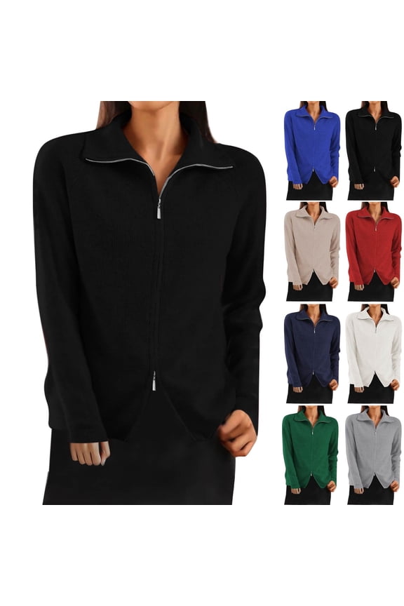 Women's Sweaters, Acrylic V-Neck Ribbed Cardigan Sweaters Solid Color Fashion Lapel Dual Zipper Loose Tops Warm Fall Winter Clothes