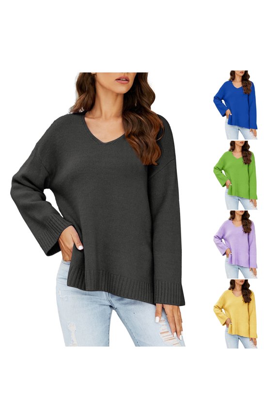 Women's Sweaters Acrylic V-Neck Ribbed Pullover Solid Color Basic Casual Everyday Loose Long Sleeve Tops Warm Fall Winter Clothes
