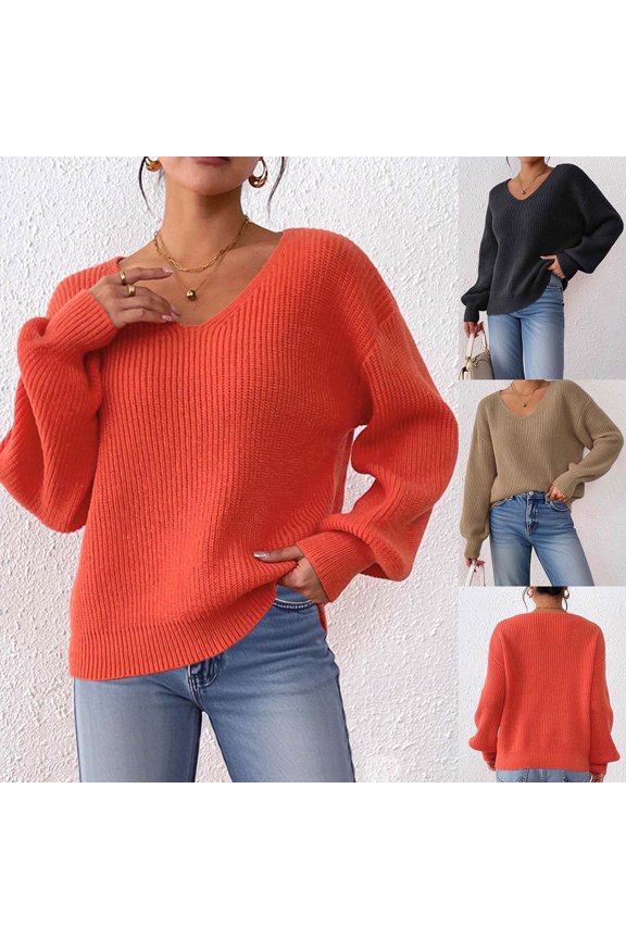Women's Sweaters Acrylic V-Neck Ribbed Pullover Solid Color Casual Relaxed Fit Long Sleeve Tops Warm Fall Winter Clothes