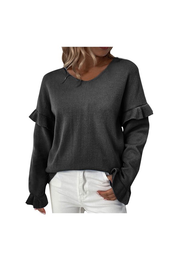 Women's Sweaters Acrylic V-Neck Ribbed Pullover Solid Color Fashion Casual Everyday Loose Long Sleeve Tops Warm Fall Winter Clothes