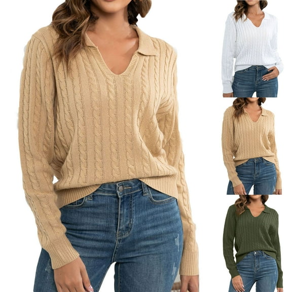 LOVZFMLL Women's Sweaters Acrylic V-Neck Ribbed Pullover Solid Color Lapel Casual Basic Everyday Relaxed Fit Tops Warm Fall Winter Clothes